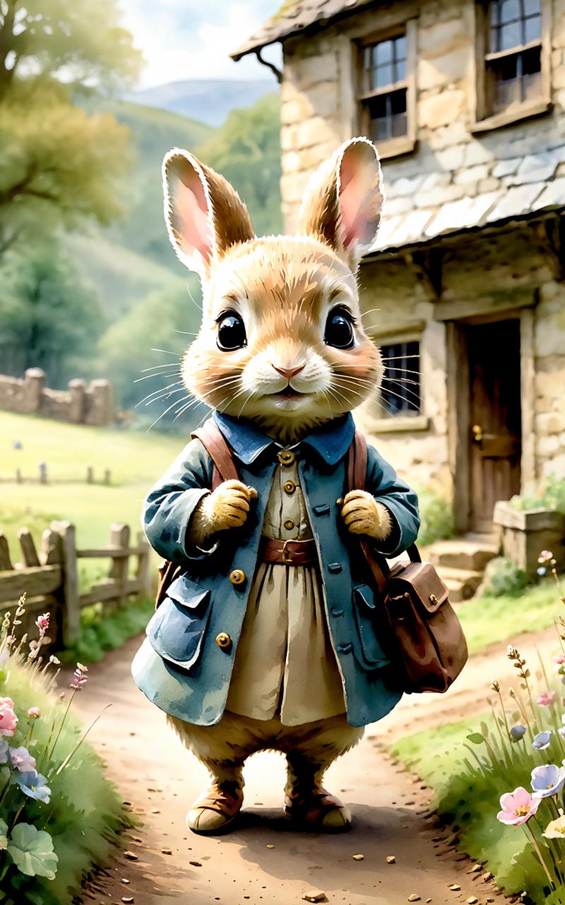 05145-4221683662-cinematic still Beatrix Potter style watercolor. Chibi style, they are in a rural school, a landscape of pastel colors, emotiona.png